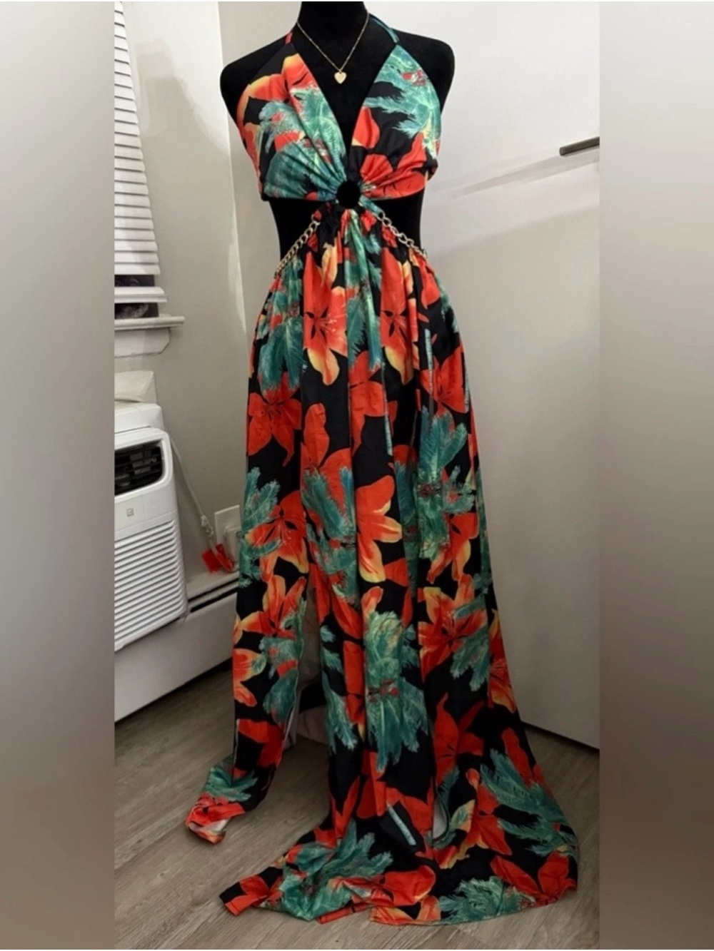 Tropical Halter Cutout Maxi Dress in Black with Red & Teal Floral Print